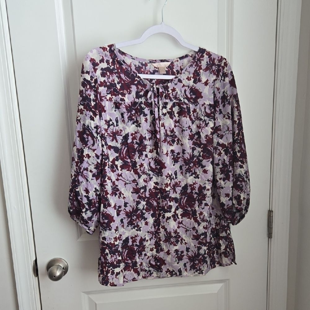White Stag Purple and White Ruffled Blouse with 3/4 Sleeves